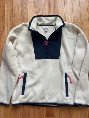 J. Crew Cream "Vintage" Fleece Pullover. Navy Placket & Pink Drawcords, NWOT.